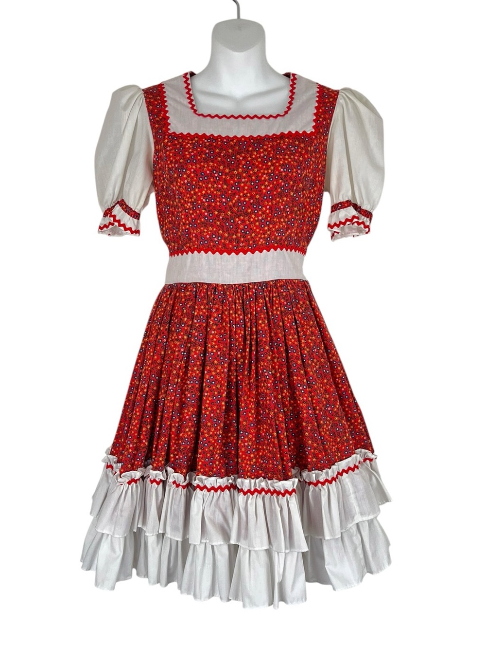 Handmade Vintage Style Red Floral Square Neck Ruffled Prairie Dress Size Small